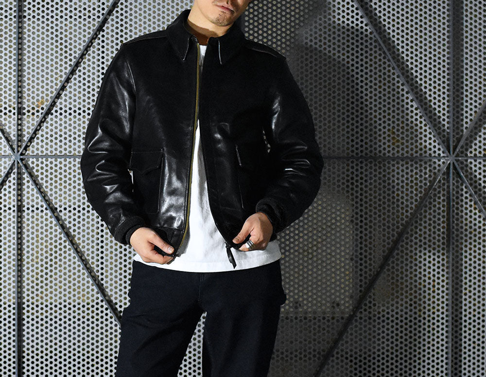 【HHY-1048】A-2 All-Black Leather Flight Jacket｜A2レザージャケットオールブラック馬革