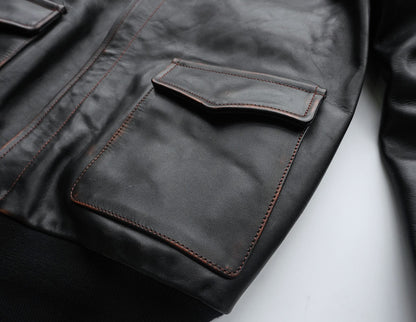 【HHY-1048】A-2 All-Black Leather Flight Jacket｜A2レザージャケットオールブラック馬革