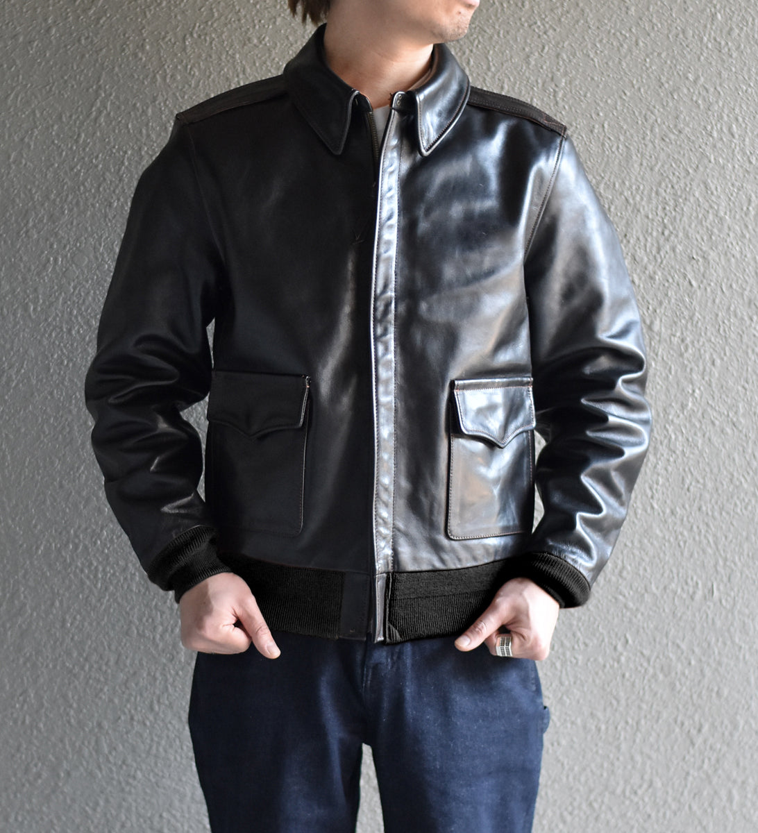 【HHY-1048】A-2 All-Black Leather Flight Jacket｜A2レザージャケットオールブラック馬革