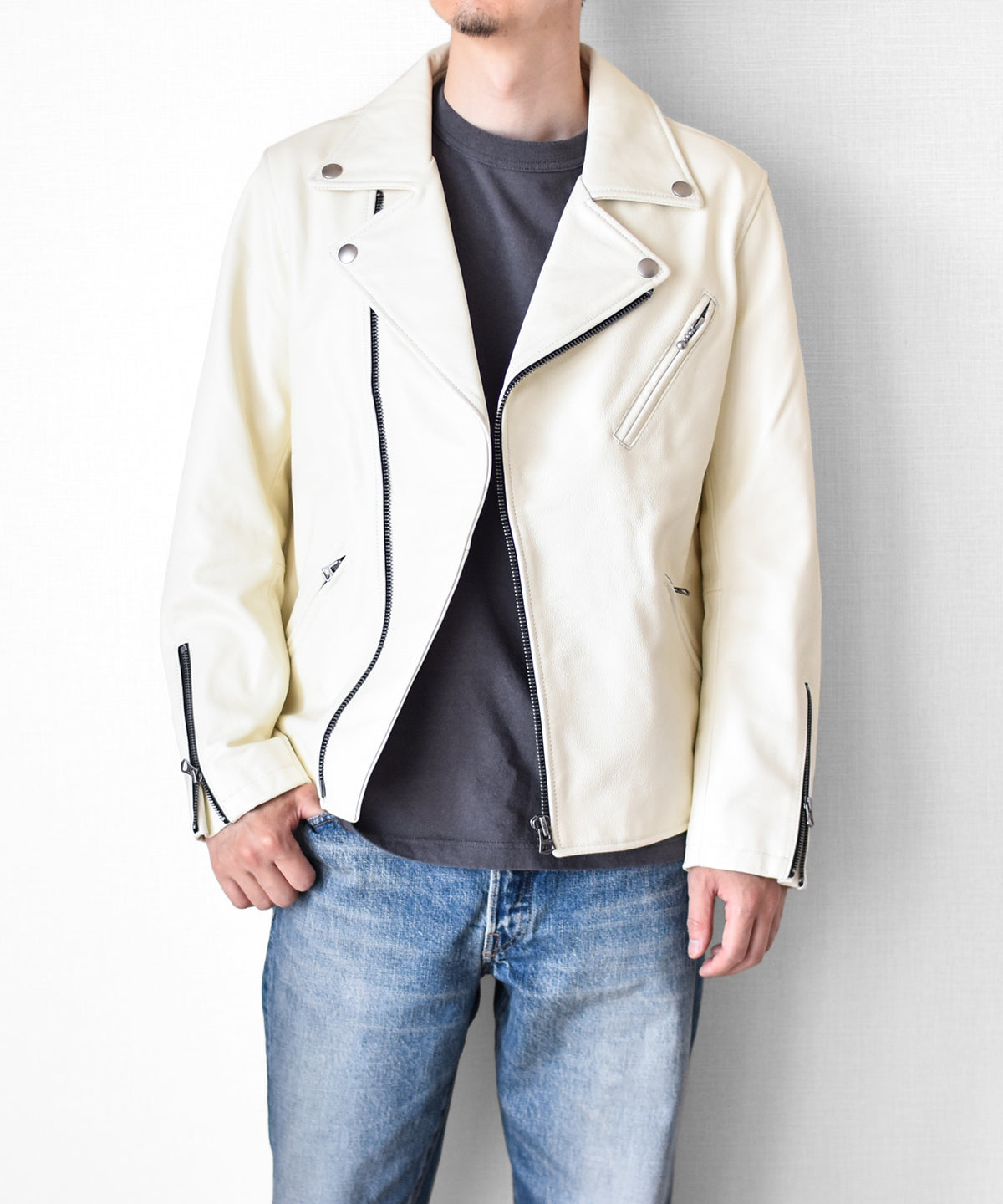 【CWY-2252/2253】Cowhide Leather Double Rider Jacket｜カウハイドダブルライダースジャケット(白/黒)